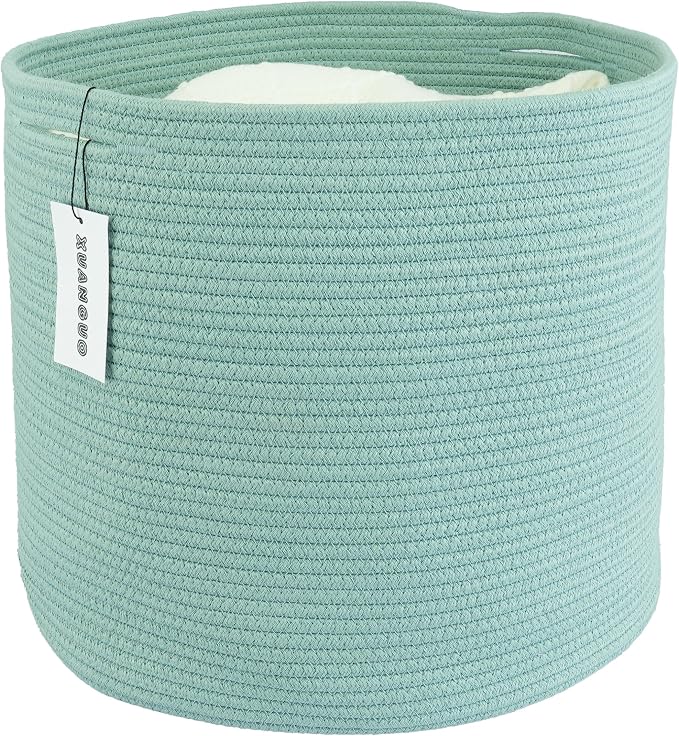 XUANGUO Cotton Rope Basket For Girls Boys Kids 16”X14” green | Baby Laundry Baskets, Blanket Basket, Nursery Bin; Round Woven Basket Organizer for Toy Storage, Blankets, Shoes and Clothes