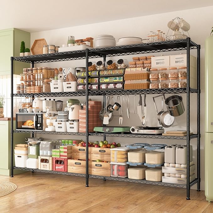REIBII Metal Shelving, 70" W Space Saving&1240LBS Heavy Duty for Kitchen | Adjustable Metal Shelving, 4-Tier Freestanding, Powder Coated Moisture Resistant, Anti-Tipping Device, Leveling feet