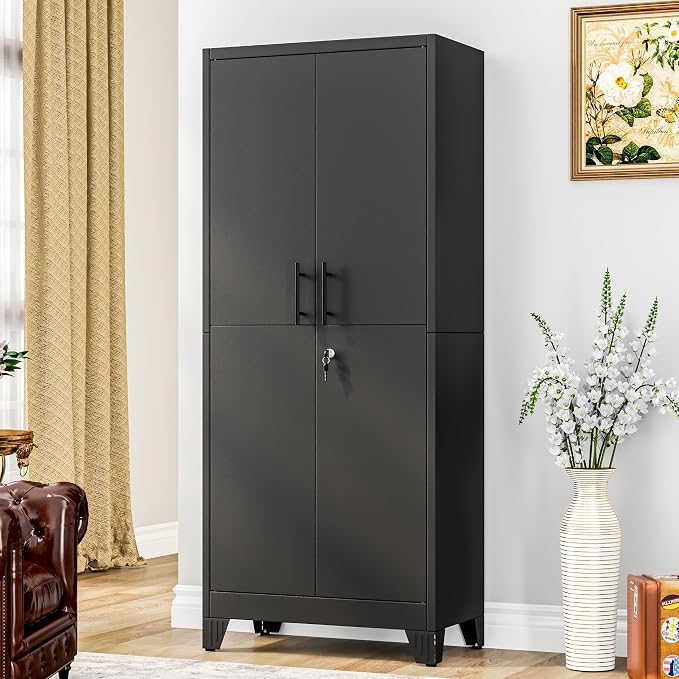 GAIOUS Tall Metal Pantry Storage Cabinet with Lock, File Cabinet Black | 2 Doors Freestanding Steel Bookcase with Adjustable Shelves, Heavy Duty Lockable Office Cabinet, Garage Utility Organizer