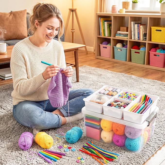 Citylife 17QT 2Packs Clear Craft Organizers and Storage Box with Tray | Stackable Art Supply Organizer Storage Bins with Lids for Beads, Markers, Sewing, Tools, Playdoh, Coloring Books, Made in USA