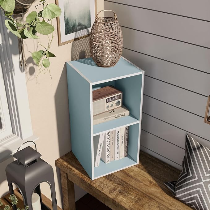 Homes: Inside + Out Apexa 2-Cube Storage Organizer Shelves, Stackable Wood Bookcase Fits Cubby Bins for Organization, Dorm Teen Room Decor & Home Office, Light Blue