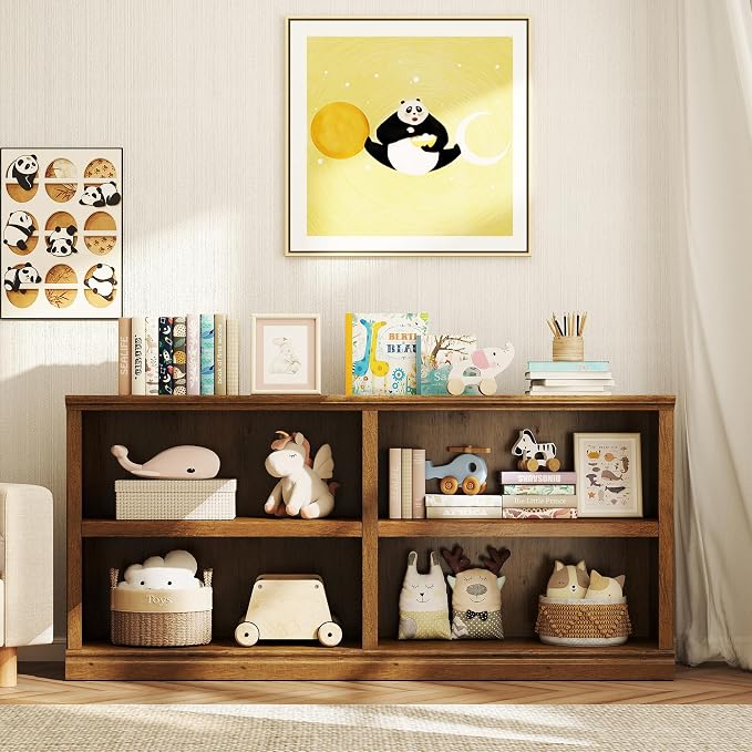 64" W Double Wide Open Shelf Bookcase, 2 Tiers 4 Storage Cube Book Case | Horizontal Bookshelf, Display Cabinet Organizer Indoor Furniture, Home Library Office, Vintage Oak Adjustable Shelf