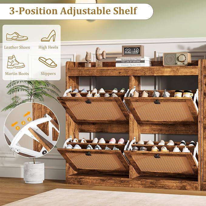 Garvee Shoe Storage Cabinet with 4 Deep Flip Drawers, Wood Shoe Cabinet with Rattan Doors and Adjustable Shelves- Freestanding Shoe Organizer for Entryway, Hallway (Brown, 4 Drawers- 2PCS)