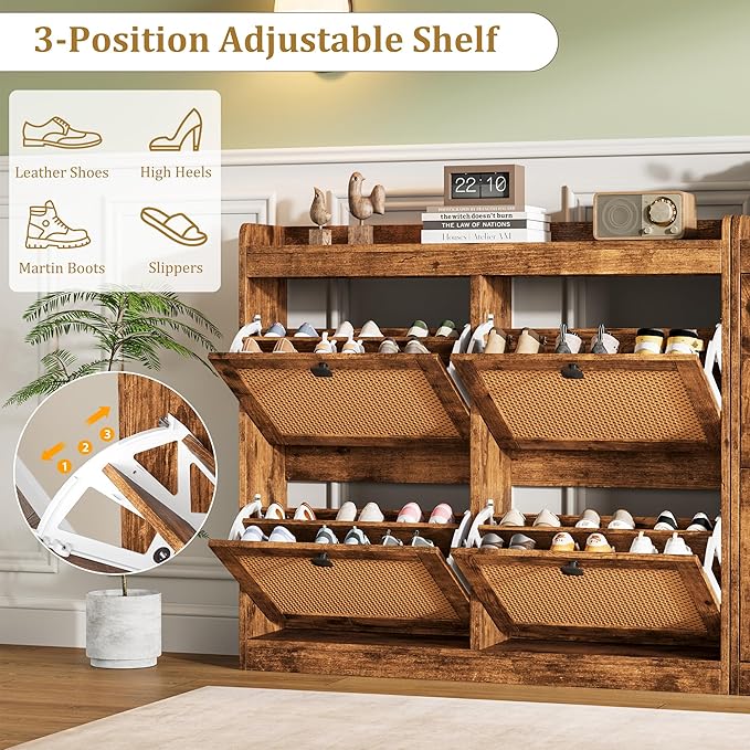 Garvee Shoe Storage Cabinet with 4 Flip Drawers, Wood Shoe Cabinet with Rattan Doors and Adjustable Shelves- Freestanding Shoe Organizer for Entryway, Hallway