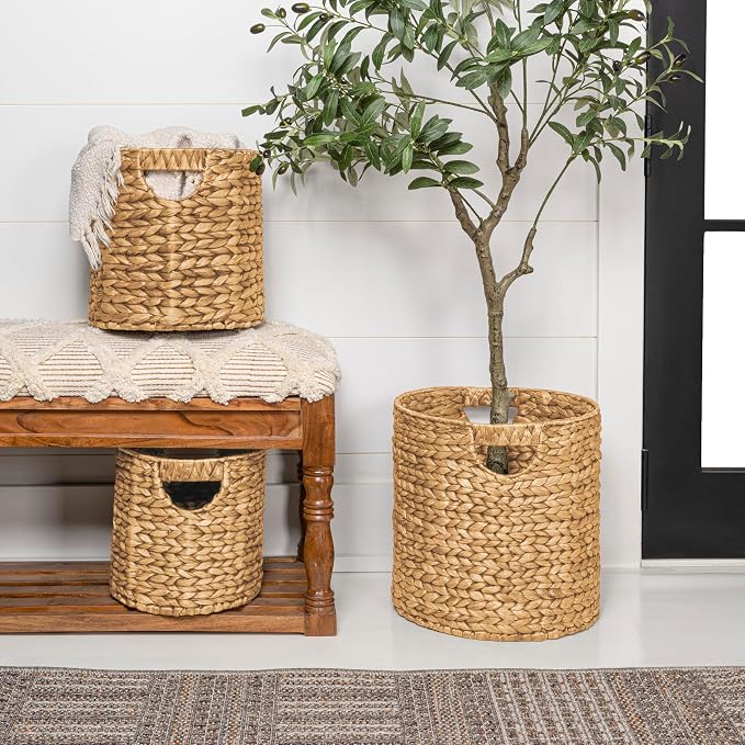 happimess Avery 3-Piece Cylinder Nesting Baskets 13", Natural | Hyacinth, Bohemian Cottage Style, Handwoven Wicker, Iron Metal Frame, Decorative Storage For Toys And Books, Built In Handles
