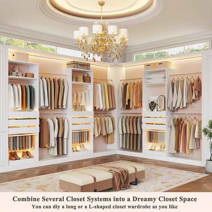 Closet System, 4-8FT Closet Organizer with 3 Wood Drawers & Glass Top, 102'' Walk in Closet with 5 Hang Rods & LED Lights & Trouser Rack, Built-in Wardrobe Clothes Rack with Shelves and Tower, White