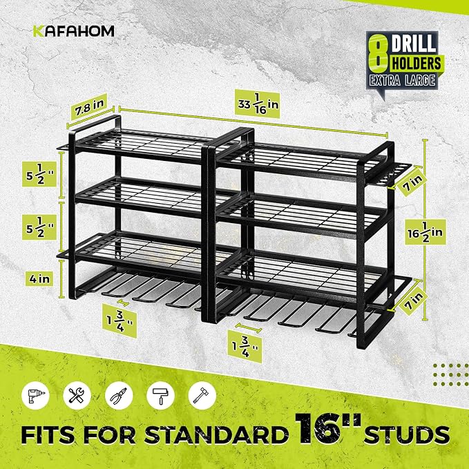 Power Tool Organizer, 8 Drill Holder Wall Mount, 4 Layers Garage Tool Organizers and Storage Rack, Tool Shelf with Screwdriver/Plier/Hammer Holder
