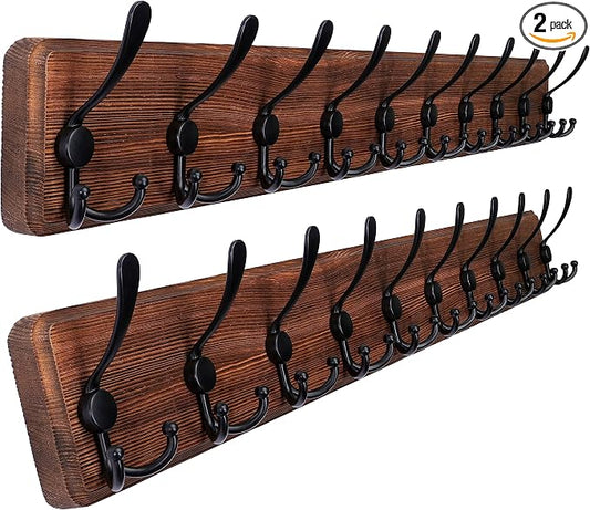 SKOLOO Rustic Coat Rack Wall Mount, 10 Hooks, 38.6'' Long, Brown, Pack of 2 | Rustic finish, 100 lb capacity, entryway bedroom mudroom, wall mount, 16" stud spacing, hardware included, rustproof hooks