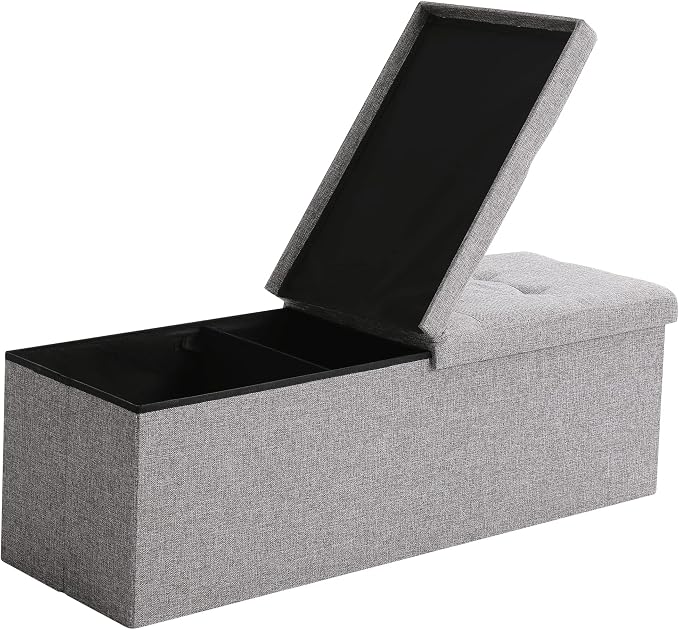 45.3 Inches Foldable Seat Footrest Shoe Bench End of Bed Storage with Flipping Lid, 166L Upholstered Tufted Bench, Linen Fabric Grey