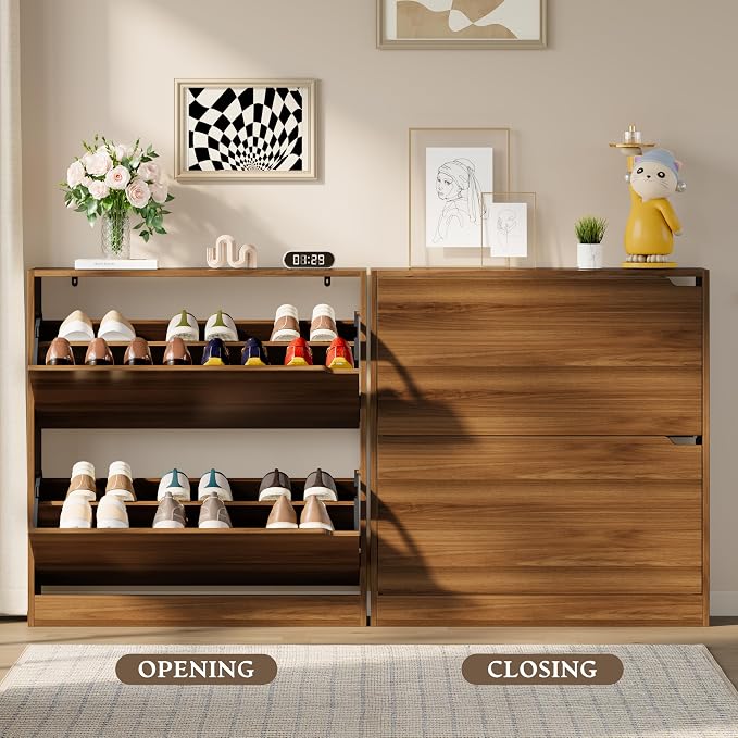 BORNOON Shoe Cabinet with 2 Flip Drawers, Slim Narrow Shoe Storage Cabinet, Freestanding Shoe Organizer with Adjustable & Removable Shelves, Top Display Shelf for Entryway, Hallway, Foyer, Closet