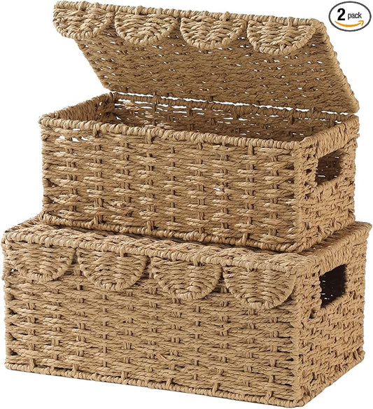 Set of 2 Scalloped Wicker Baskets with Lid,Paper Rope Decorative Storage Baskets for Shelves, Display Shelf, Handmade Cute Woven Basket for Nursery,Living Room Decor