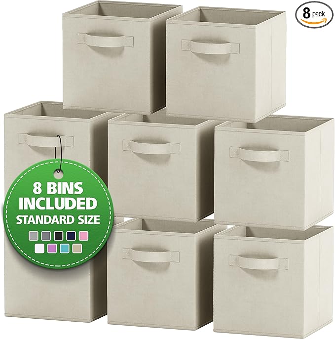 Set of 8 Foldable Fabric Storage Cube Bins | Collapsible Cloth Organizer Baskets Containers | Folding Nursery Closet Drawer | Features Dual Handles | More Beautiful Colors Available (Beige)