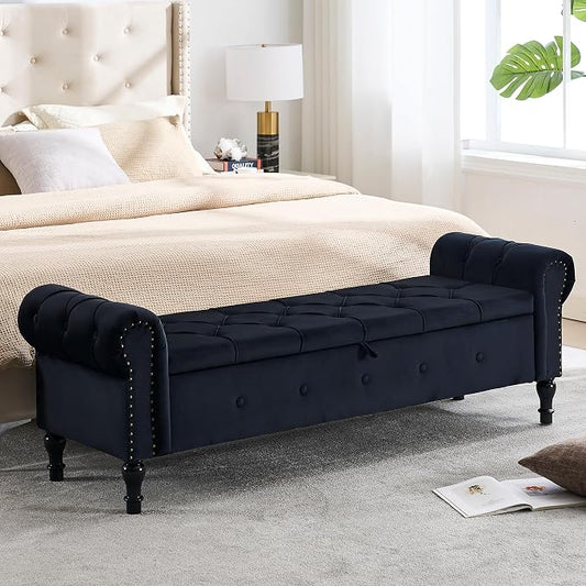 Storage Bench 67" Velvet End of Bed Benches Black | King Size Storage Bench for Bedroom with Rolled Arms Tufted Ottoman Benches Upholstered Bench for Living Room Entryway