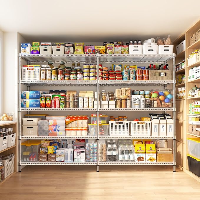 REIBII Chrome Metal Shelving, 70" W & 1500LBS Heavy Duty for Kitchen | L/H Shaped Shelves, Adjustable Metal Shelves, 5 Tier Freestanding, Anti-Tipping Device, Moisture Resistant, Leveling feet
