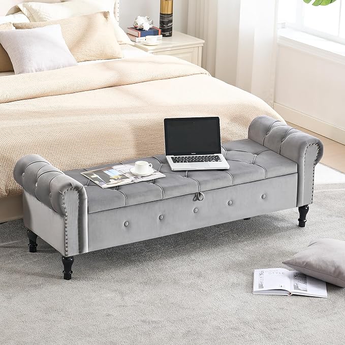 Storage Bench 67" Velvet End of Bed Benches Light Grey | King Size Storage Bench for Bedroom with Rolled Arms Tufted Ottoman Benches Upholstered Bench for Living Room Entryway