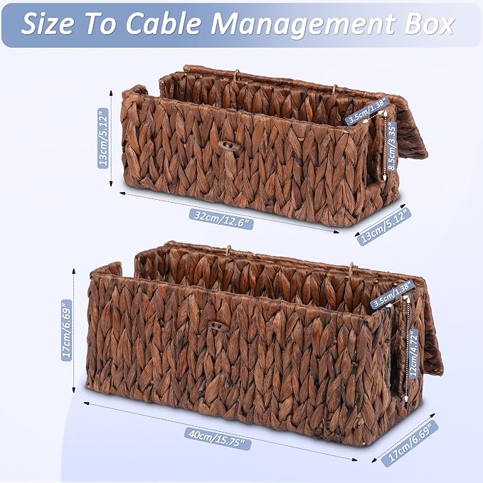 efluky 2 Pack Water Hyacinth Floor Cord Covers with Lid, Hand-Woven Cable Management Box, 2 Open Slots Cord Box to to Hide USB Wire, Power Strip & Charger for Home & Office and Dorm, Brown