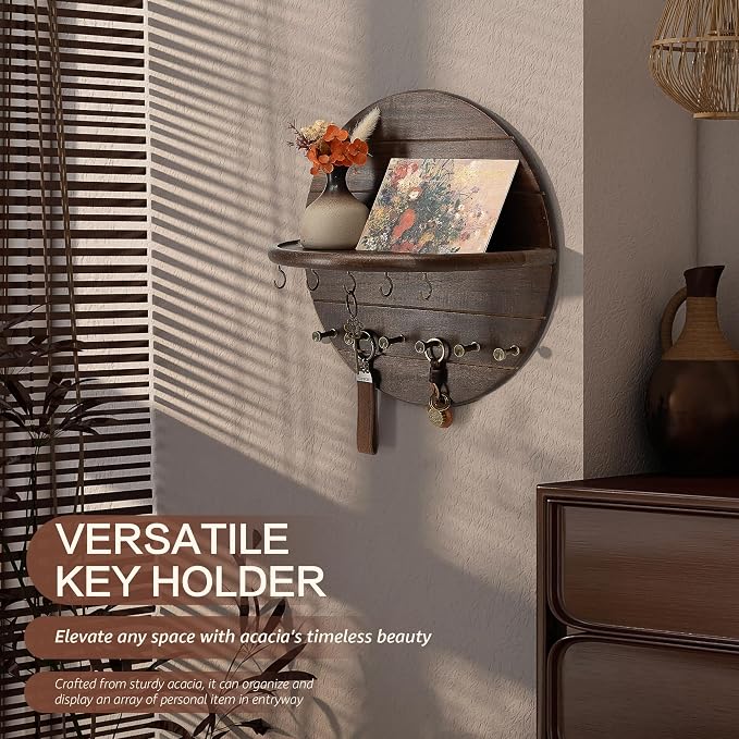 Rebee Vision Acacia Wood Key Holder Wall Mount for Room Decor, Dark Brown | Round Shape Design, Key Holder with Wall Shelf, Rich Wood Grain, Dual Hooks, Entryway Organizer, Home Finds for Living Room