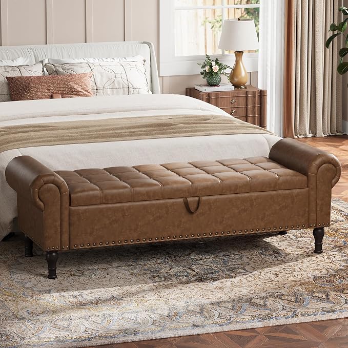 YOUDENOVA 60" Entryway Bench with Storage, PU Leather End of Bed Bench with Tufted Button, Upholstered Ottoman Bench with Rolled Arms for Living Room, Storage Room, Bedroom, Brown
