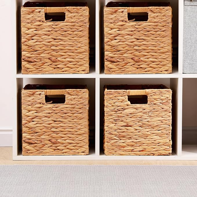 Water Hyacinth Storage Baskets 11x11x11 Inch Wicker Storage Cubes Set of 2 | Handwoven Foldable Wicker Cubes with Sturdy Handles, Rustic Laundry Organizer for Bedroom Shelves, Kitchen, Bathroom