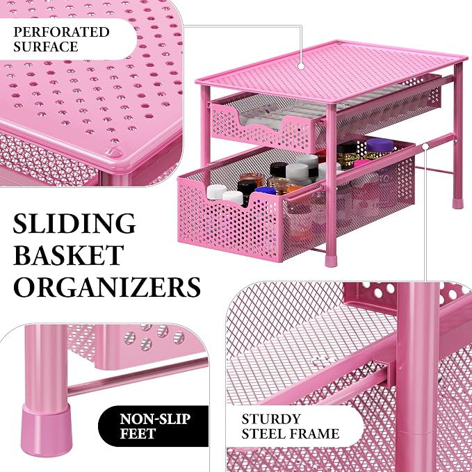 Simple Houseware Stackable 2 Tier Sliding Basket Organizer Drawer, Pink