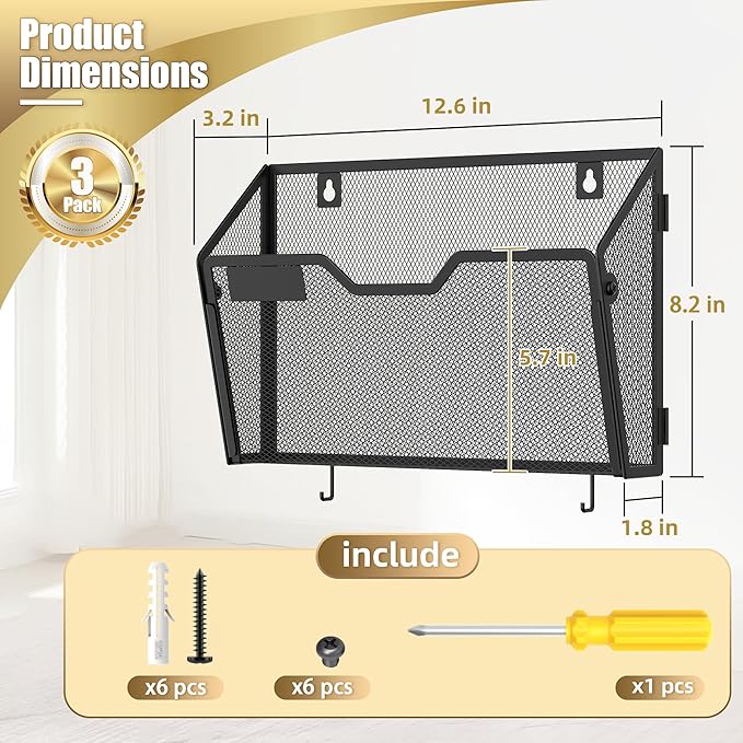 Docnest 3 Pack Mesh Wall File Holders with Hooks for Mail, Black | Space-saving vertical design with utility hooks. Ideal paper document organizer for office, home, and school