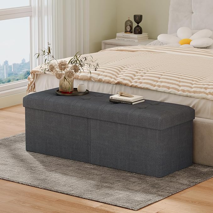 31.5 Inch Foldable Storage Ottoman Bench for Bedroom, Dark Gray | Foldable Footstool, Multi-Functional Foot Rest, End of Bed Bench, Large Hidden Storage Space, Storage Chest For Living Room