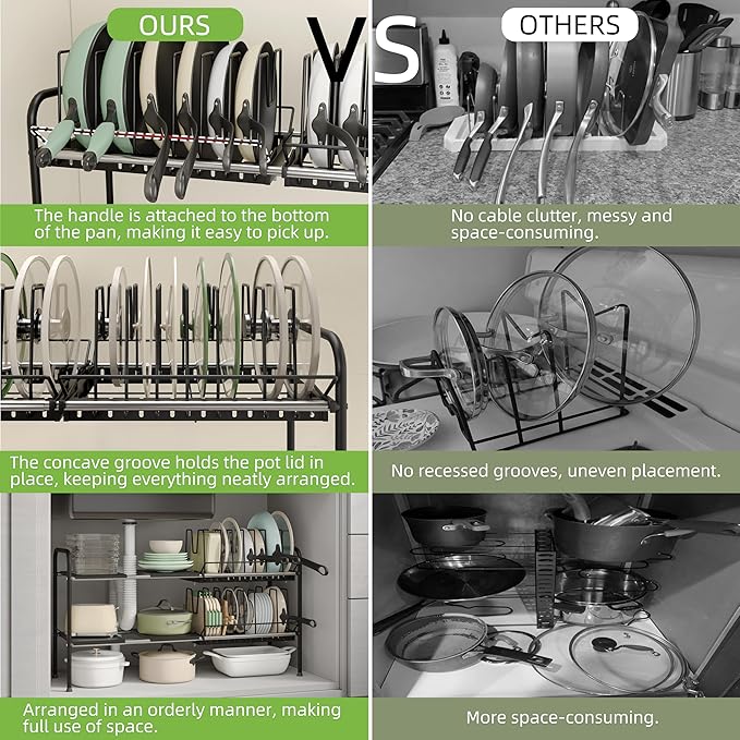 NETEL Expandable Under Sink Organizer，Pot and pan Organizer Under Cabinet | Pan Lid Organizer,Expandable Storage shelf with 2 Pan Racks（14 Dividers）and 4 Removable Panels,Adjustable partition height