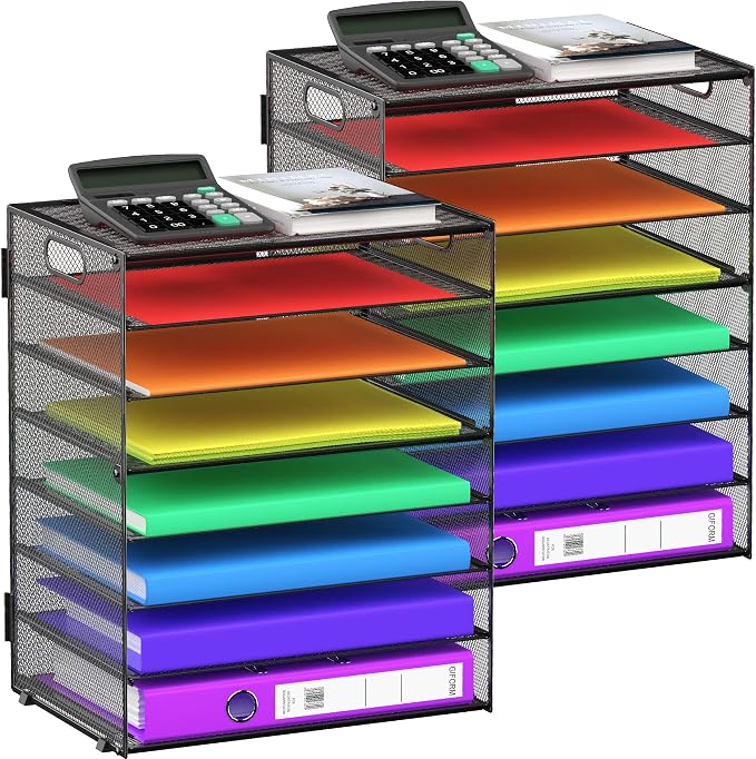 8 Tier Paper Letter Tray Organizer with Handles (Black-2Pack) | Mesh Desk File Holder Storage Organization for Home School Classroom & Office
