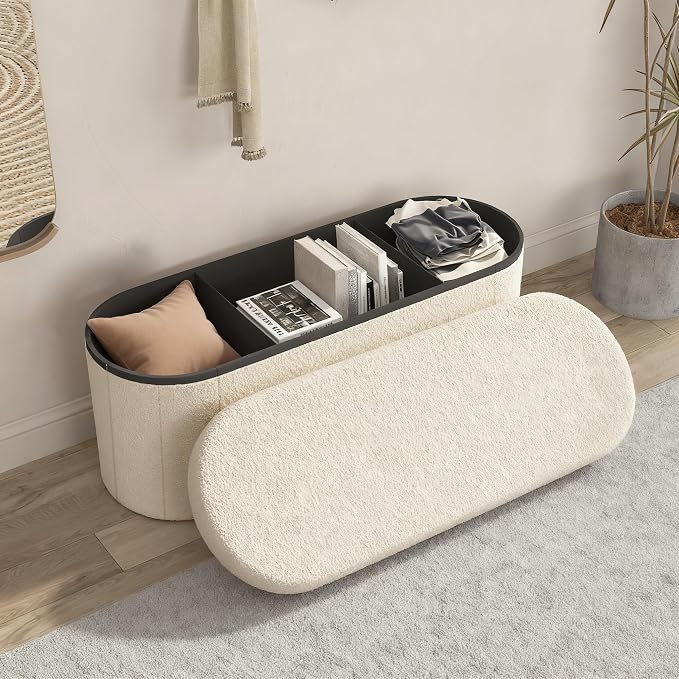 GLAXYFUR Oval Ottoman with Storage for Living Room, Sherpa Bench, Beige | 43.3 Inches Folding Chest, Foot Rest, End of Bed Bench for Bedroom, Hallway