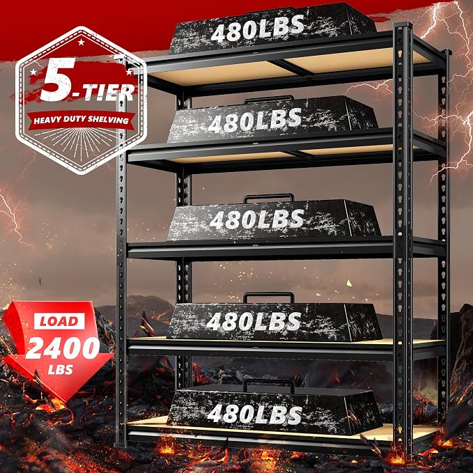 REIBII 2400LBS Storage Shelves 5 Tier Garage Shelving Heavy Duty Adjustable Garage Shelves, Utility Rack Shelf, Shelving Units for Storage Warehouse Pantry Closet, 35.5" W x 11.9" D x 72" H, 3 Pack