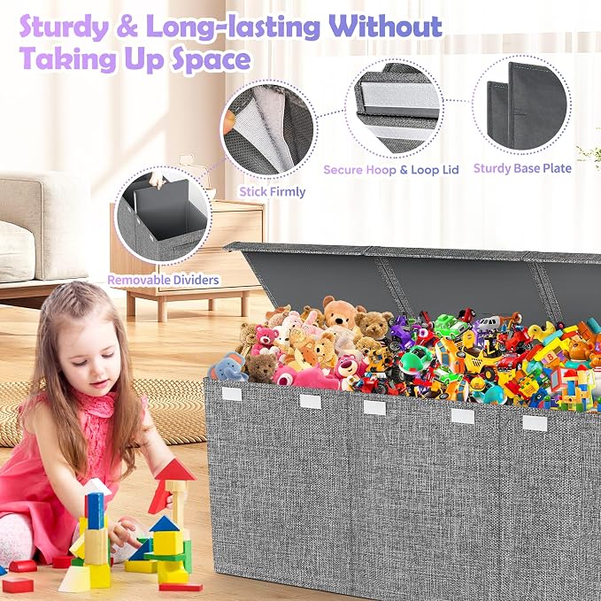 Extra Large Toy Box with Lids, Large Storage Chest Organizer, 40"x14"x16" | Collapsible Sturdy Kids Toy Chest Bins with Dividers for Boys Girls, Nursery Bedroom Playroom Organization, Gray