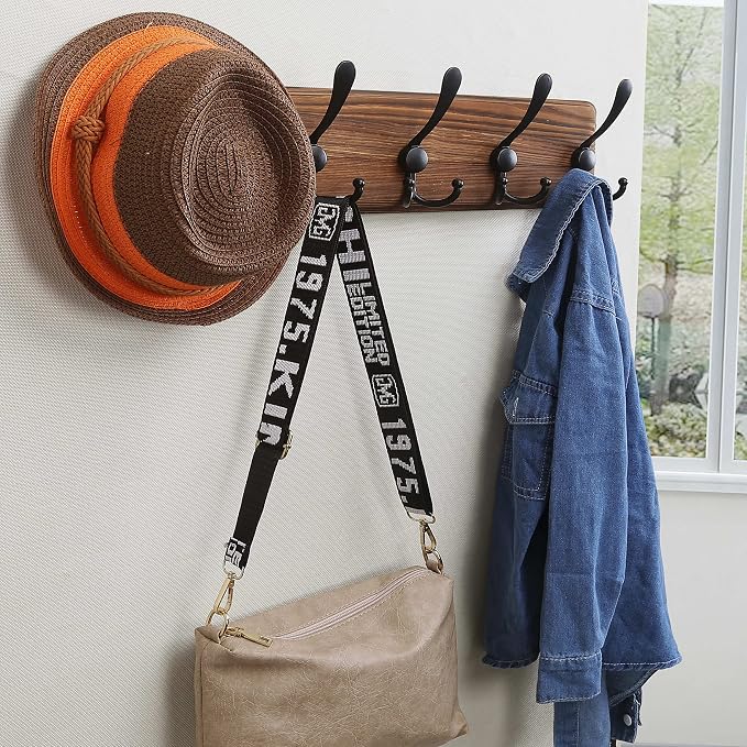 Coat Rack Wall Mounted - 5 Tri Hooks, Heavy Duty, Wooden Wall Coat Hanger Coat Hook for Clothes Hat Jacket Clothing, Natural & Black, 2 Packs