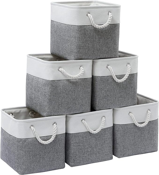 MidmmVick 11 x 11 Inch Cube Storage Bins, 6 Pack Large Collapsible Fabric Storage Bin with Ropes, Foldable Storage Cubes for Home, Office,Closet, Clothes, Toys Organizer (White & Grey-11"x11"x11")