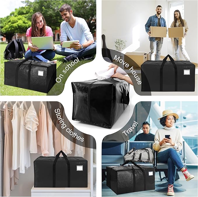 VELVETSURE Heavy Duty Extra Large Moving Bags W/Backpack Straps - Strong Handles & Zippers, Storage Totes For Space Saving, Fold Flat, Alternative to Moving Box and Storage Bin (Set of 6, Black)