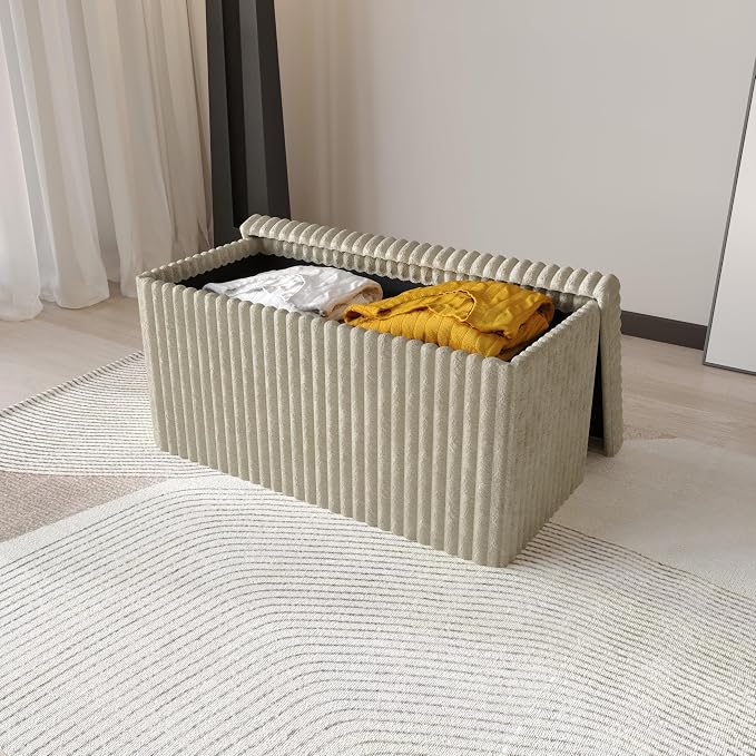 HOME DESIGN Florence 30" Upholstered Folding Storage Bench, Tufted Top, Space-Saving Storage, Light Beige Upholstery