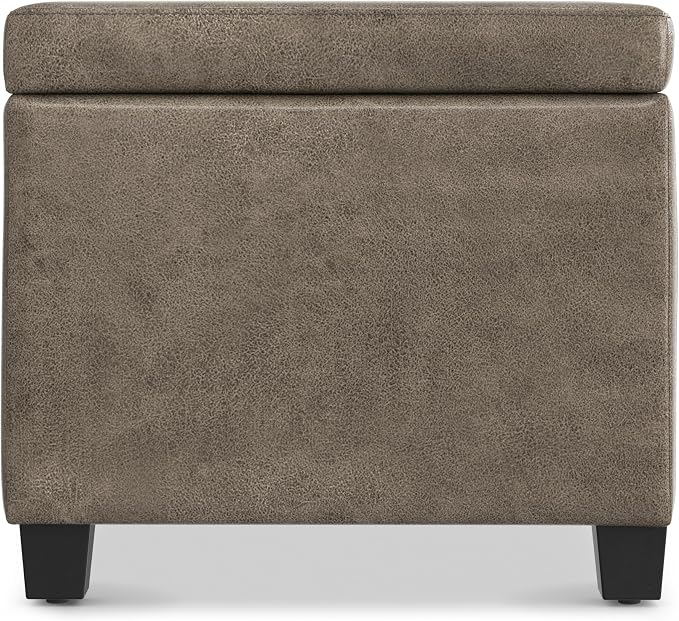 SIMPLIHOME Avalon Storage Ottoman Bench - 48" Wide x 16" High Upholstered Vegan Leather Rectangular Lift-Top Ottoman in Distressed Smoky Grey Brown, Transitional Storage Bench with High-Density Foam