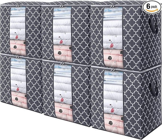 WISELIFE Storage Bags 6 Pack/100L Large Blanket Clothes Organization and Storage Containers for Comforters,Bedding, Foldable Organizer with Reinforced Handle, Clear Window, Sturdy Zippers,Gray