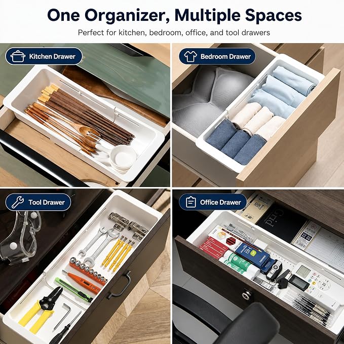 3-Pack Expandable Drawer Organizer for Deep Drawers, Adjustable 17–27 in Storage Tray, Durable PP Smooth Glide Divider for Kitchen, Vanity & Office, Space-Saving Design