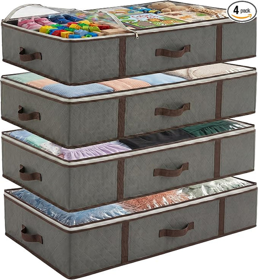 Underbed Storage Bags 4-Pack - Foldable Under Bed Storage Organizer for Clothes, Bedroom Blankets, Comforter, Pillows, Linen Sheets, Towels, Sweaters, Shoe Drawers - Ideal for College Dorms (Grey)