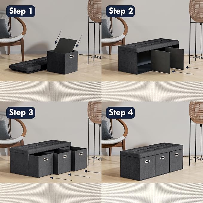 Ornavo Home 40 Inch Storage Ottoman with 3 Drawers, Tufted Linen, Black | Foldable Large Bench Design; Foot Rest Stool Seat; Ideal for Living Room, Bedroom or Entryway