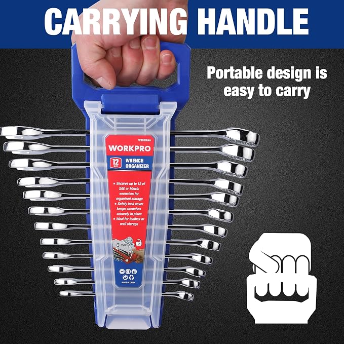 WORKPRO 2-Piece Wrench Organizer, 24-Slot Wrench Holder Set with Lock Cover | Plastic Wrench Storage Metric & SAE Compatibility (Up to 19mm or 7/8), Premium Quality Tool Trays with Carrying Handle