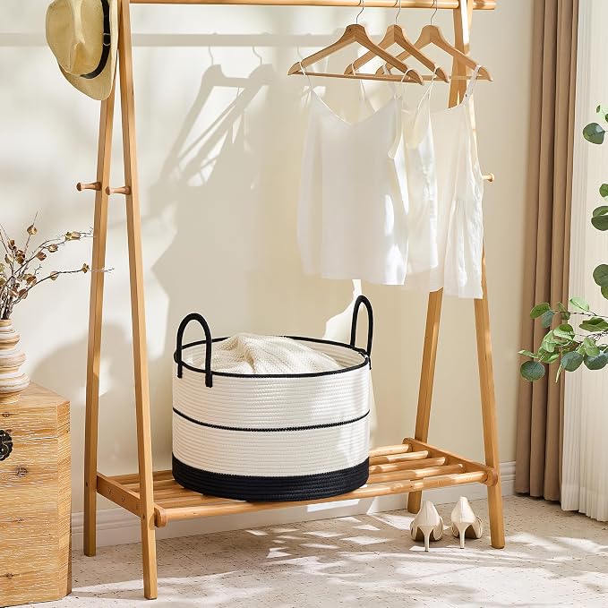 KAKAMAY Large Blanket Basket with Handles, Storage Basket for Living Room | Extra Large Capacity | Natural Cotton Rope | Blanket Storage | Woven Storage Basket | Stuffed Animal Storage | Laundry Basket