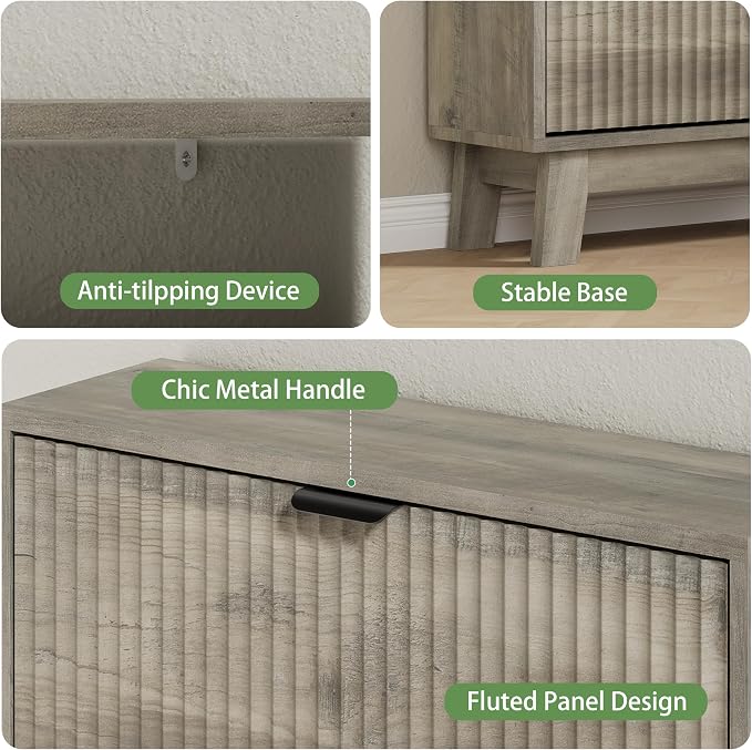 Xixini Shoe Cabinet with 4 Flip Drawers, 46" Tall Narrow Fluted Shoe Storage Organizer for Entryway, Hidden Slim Wooden Shoe Rack Cabinet for Front Door Entrance, Hallway, Living Room, Light Grey
