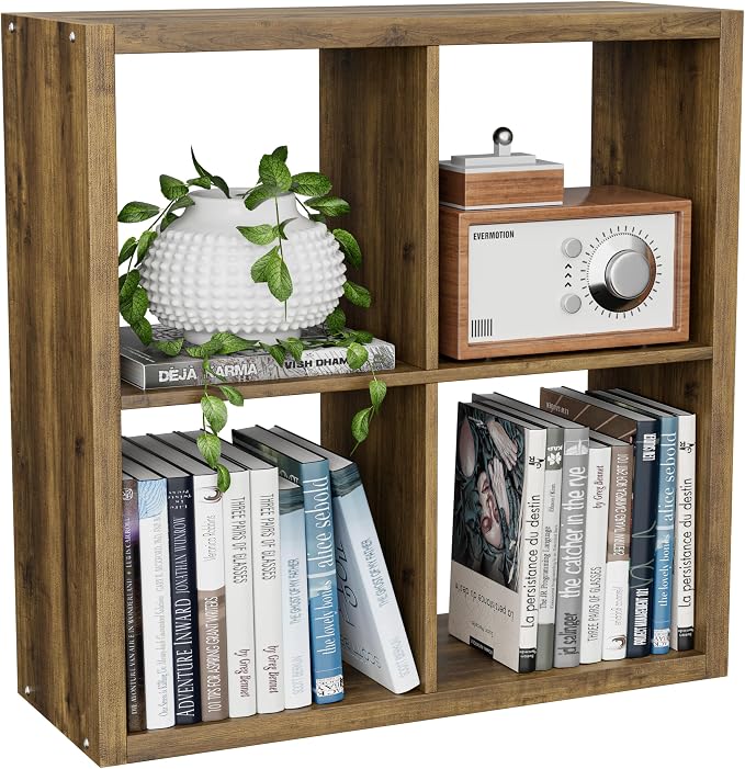 VDNEND Cube Storage Organizer Bookcase, Decorative 11 inch Open Back Cubical Shelf with Thickened Border, Display Bookshelf for Living Room, Home Office, Sturdy Room (Brown, 4 Cube)