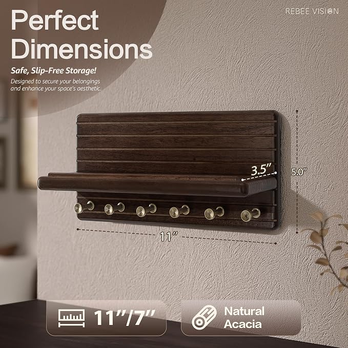 Rebee Vision Acacia Wood Key Holder Wall Mount for Home Decor, Dark Brown | Key Holder for Wall, 6 Key Hooks, Floating Shelf, Mail Organizer, Apartment Essentials for Home Decor Living Room