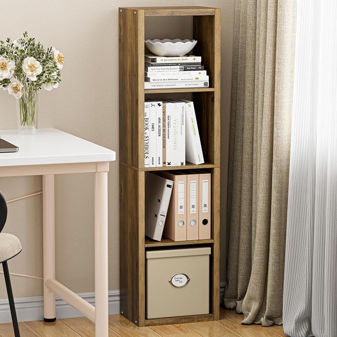 VDNEND Cube Storage Organizer Bookcase, Small 4 Tier 11 inch Open Back Cubical Shelf with Thickened Border, Display Bookshelf for Living Room, Home Office, Sturdy Room (Brown, 4 Cube,Vertical)