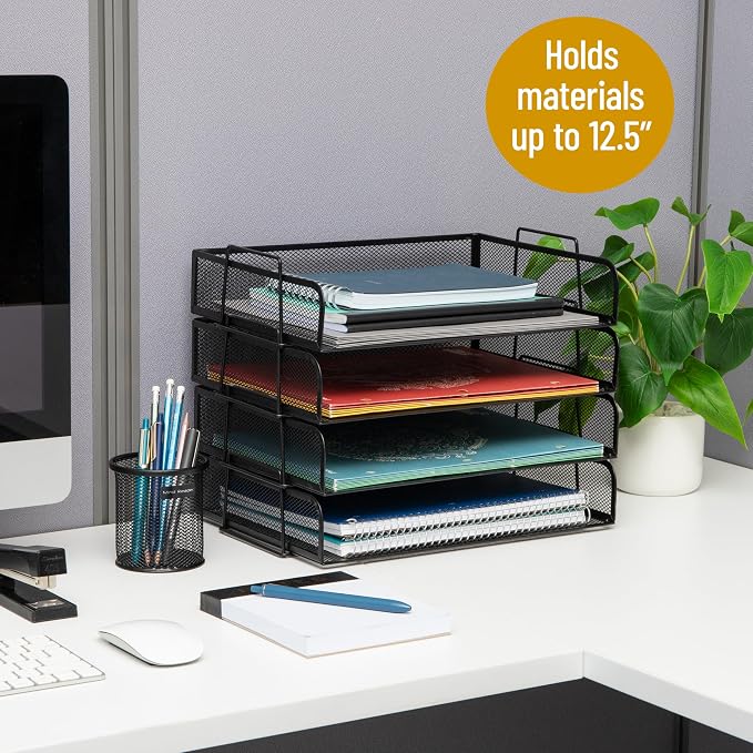 Mind Reader Stackable Paper Tray, Desktop Organizer, File Storage, Office, Metal Mesh, 4 Pcs., Black (Pack of 4)