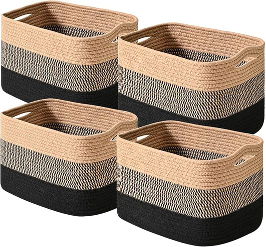ICERZCZ Storage Baskets for Shelves Organizing, Woven Cotton Rope Baskets for Storage, Book Basket, Towel Basket, 12.5"Lx9.1''Wx7.9''H (4 Packs) Gradient Black & Jute
