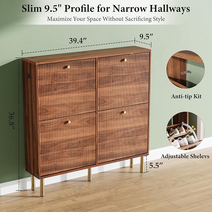 Nicetree Shoe Storage Cabinet for Entryway - 4 Flip Drawers Shoe Cabinet with Tiered Fluted Design - Slim Shoe Storage Rack with Gold Legs - Narrow Shoe Cabinet Hidden Shoe Organizer for Small Spaces