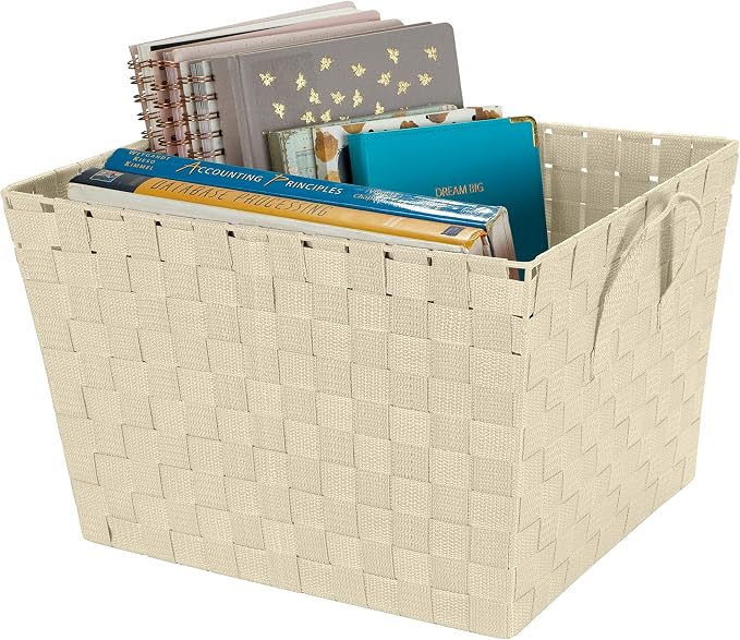 Simplify Large Woven Strap Tote | Decorative Storage Basket | 2 Handles | Organization | Closet | Bedroom | Bathroom | Nursery | Accessories | Toys | Gifts | 2 Pack | Ivory